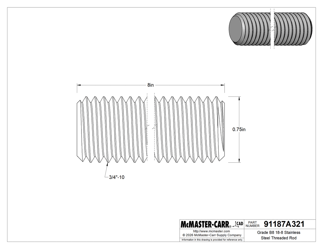 Technical Drawing of Grade B8 18-8 Stainless Steel Threaded Rod, 3/4"-10 Thread Size, 8" Long.